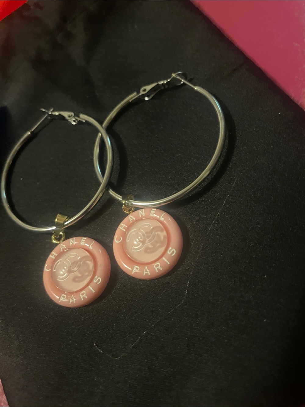 CHANEL upcycled Pink and Gold Hoop Earrings with Logo Disc - Picture 16 of 17